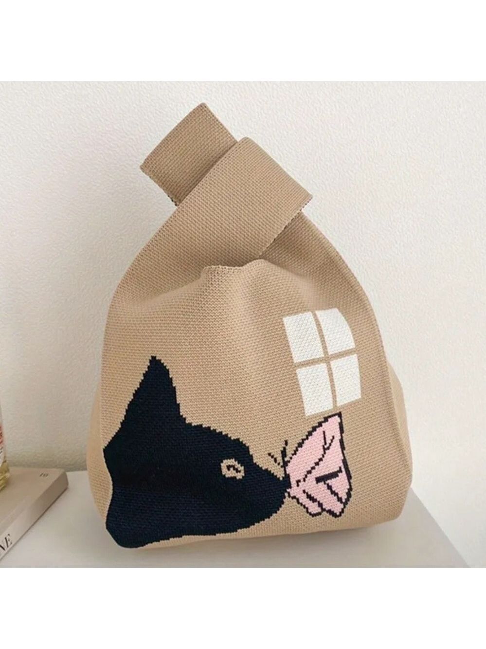 Heavy Woven Knit Cat Pattern Tote Purse Bag Japanese Knot  Closure Style